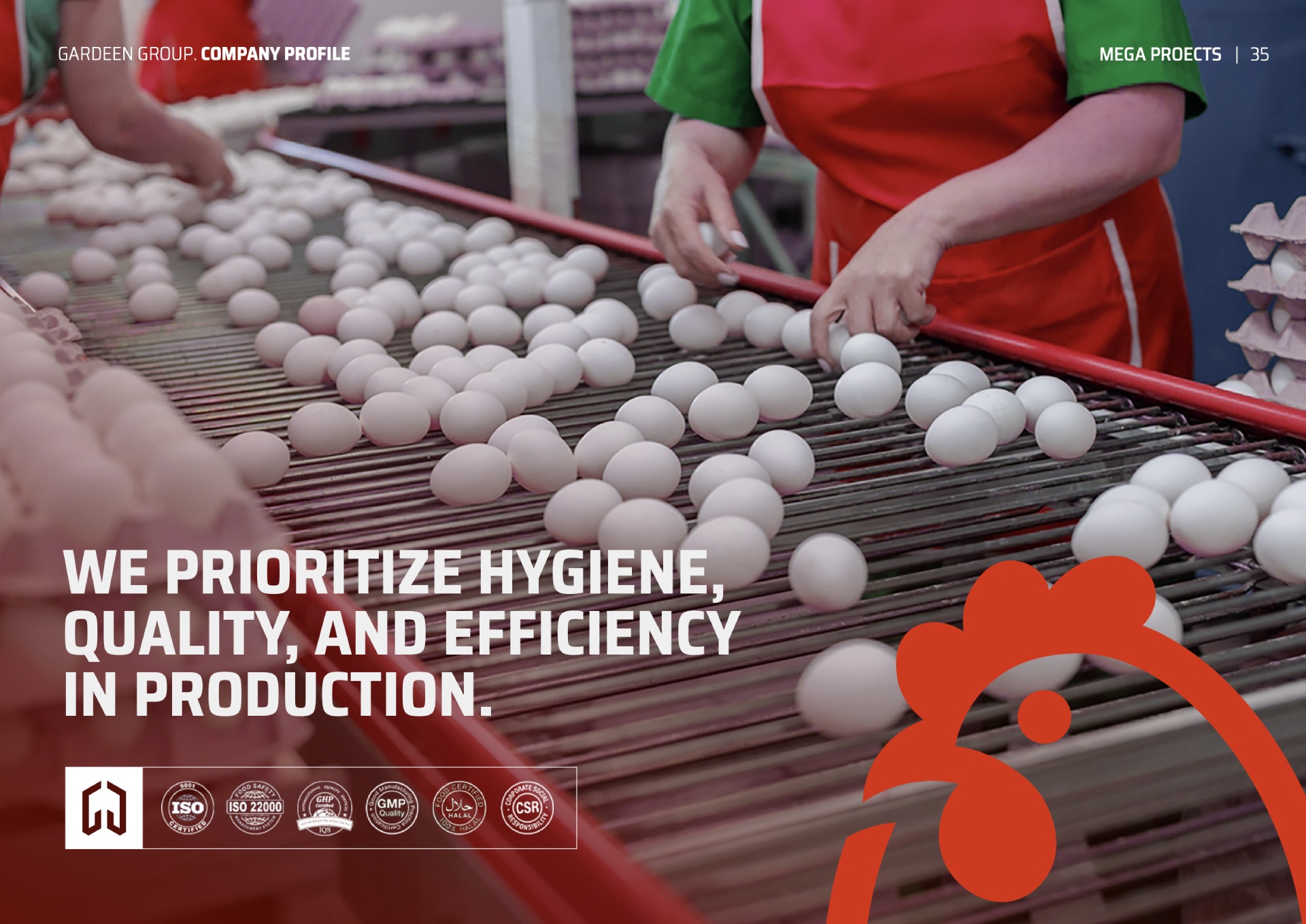 Swren Egg Farm egg production line with quality certification badges and the message: We prioritize hygiene, quality, and efficiency in production.